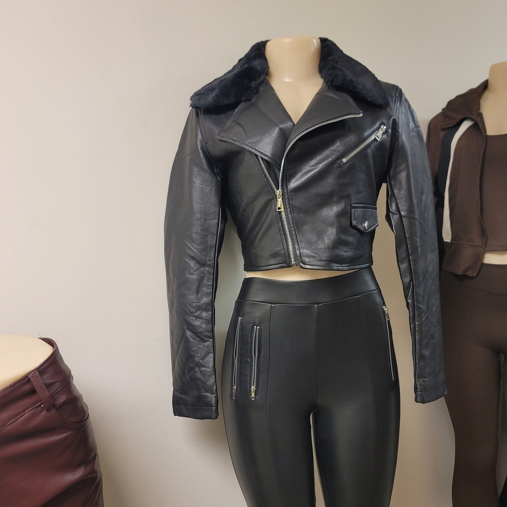 Black Leather Jacket and Leggings Set